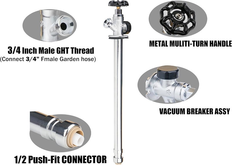 WHK 12 Inch Frost Free Outdoor Faucet Sillcock 1/2 x 3/4 Inch MHT, Frost Proof Outdoor Faucet Bib with 1/2" Push-to-Connect Plumbing Fittings, Brass Push Fit Connector for Copper, PEX, CPVC Pipe - Image 3
